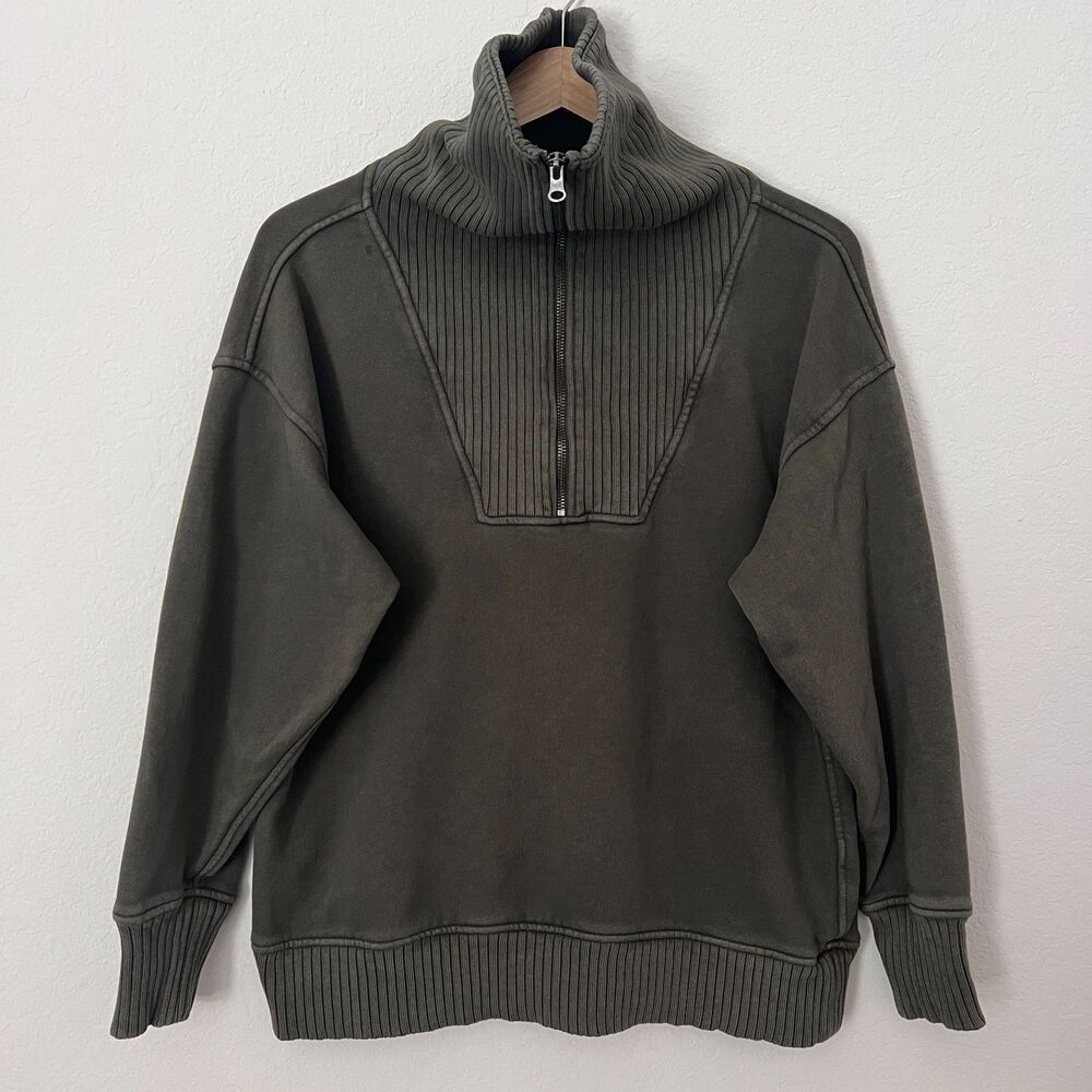 Aerie Womens Down To Earth Oversized Quarter Zip Olive Green Sweatshirt XS
